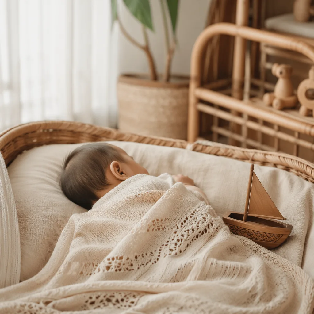Peaceful baby in a warm Filipino-inspired nursery with soft rattan and wooden details.