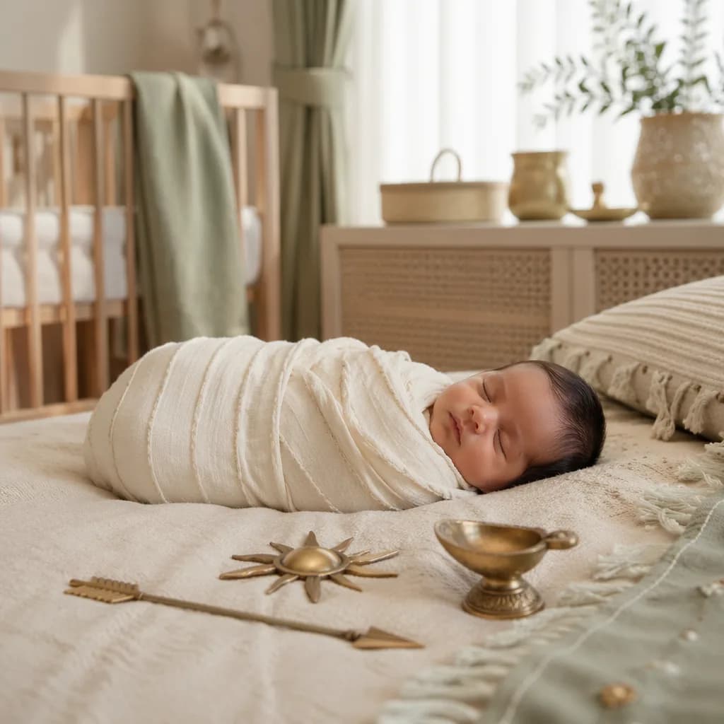 Peaceful baby in a warm pastel nursery with subtle Indian-inspired decor.