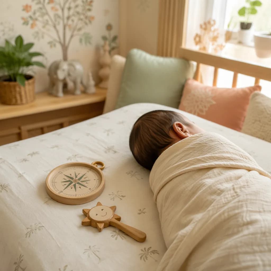 Soft pastel nursery scene with a swaddled baby and gentle symbolic toys for purpose and joy.