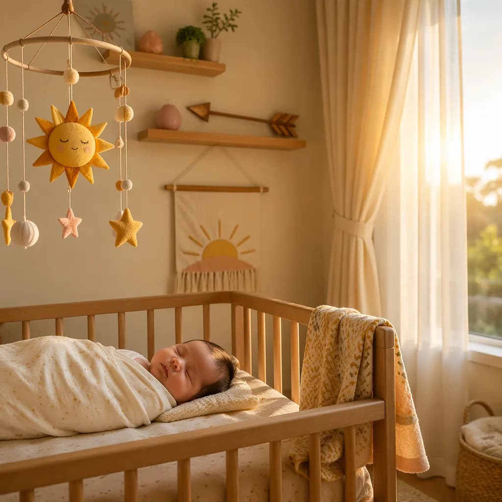 Sleeping baby in a sunlit cozy nursery with a gentle sun mobile and soft pastel decor.