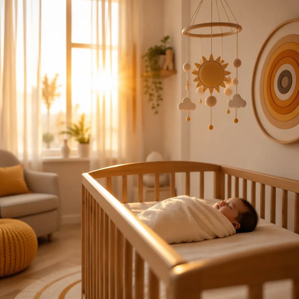 Sleeping baby in a sunlit pastel nursery with gentle sun and purpose-inspired decor