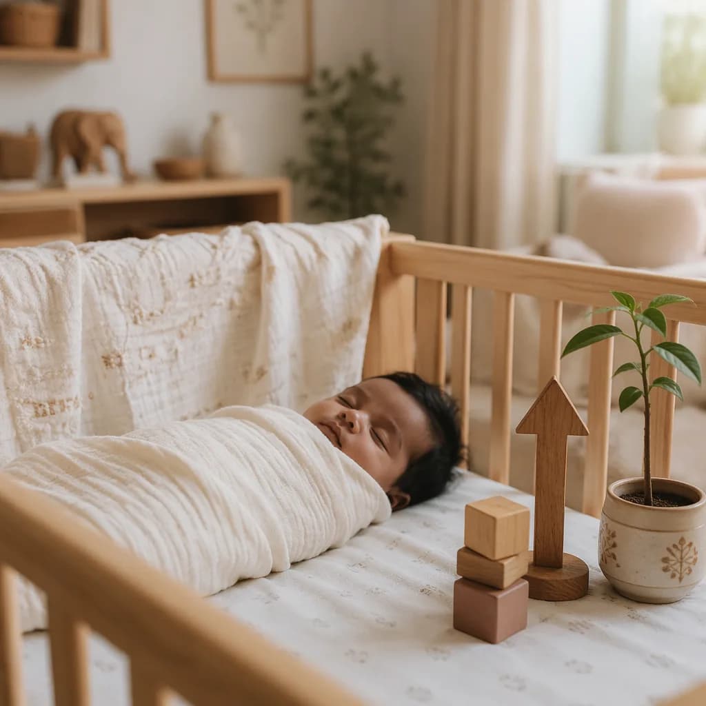 A softly lit nursery with a swaddled baby, wooden arrow, and small sapling symbolizing purpose and growth.