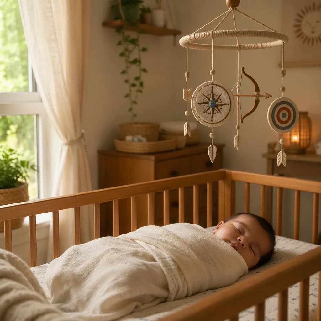 Sleeping baby in a soft pastel nursery with subtle compass and target decor.