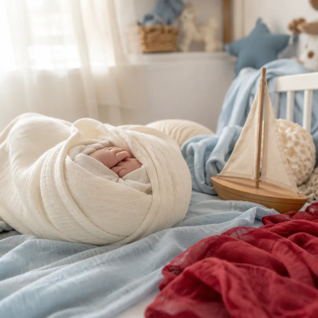 A cozy pastel nursery with a swaddled baby, sea-blue accents, and a ruby-red cloth.