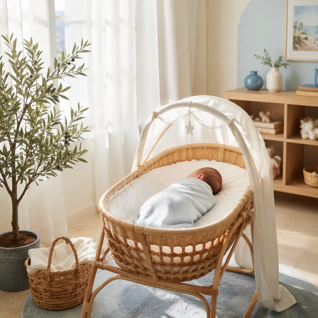 Soft sunlit Greek-inspired nursery with a swaddled newborn and olive branch accents.