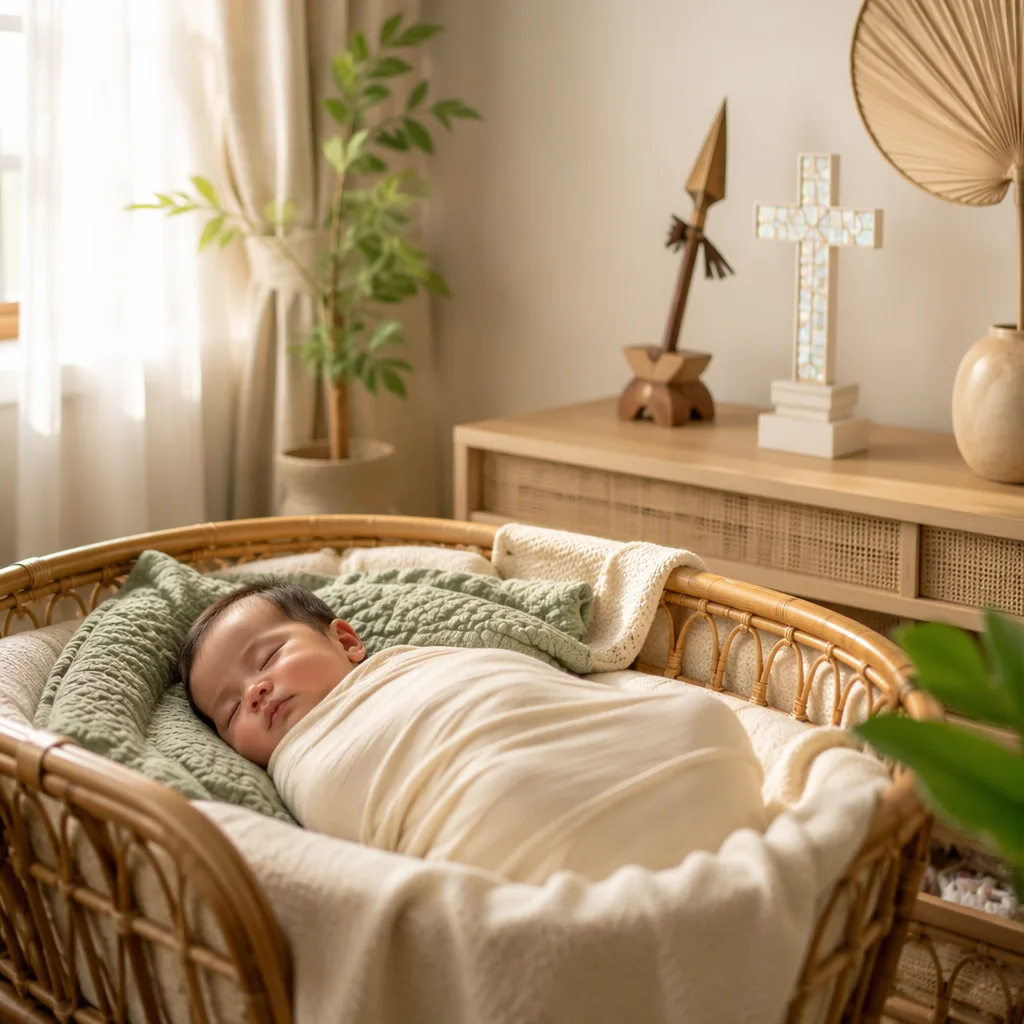 Sleeping Filipino baby in a cozy pastel nursery with subtle lance and Christian faith symbols