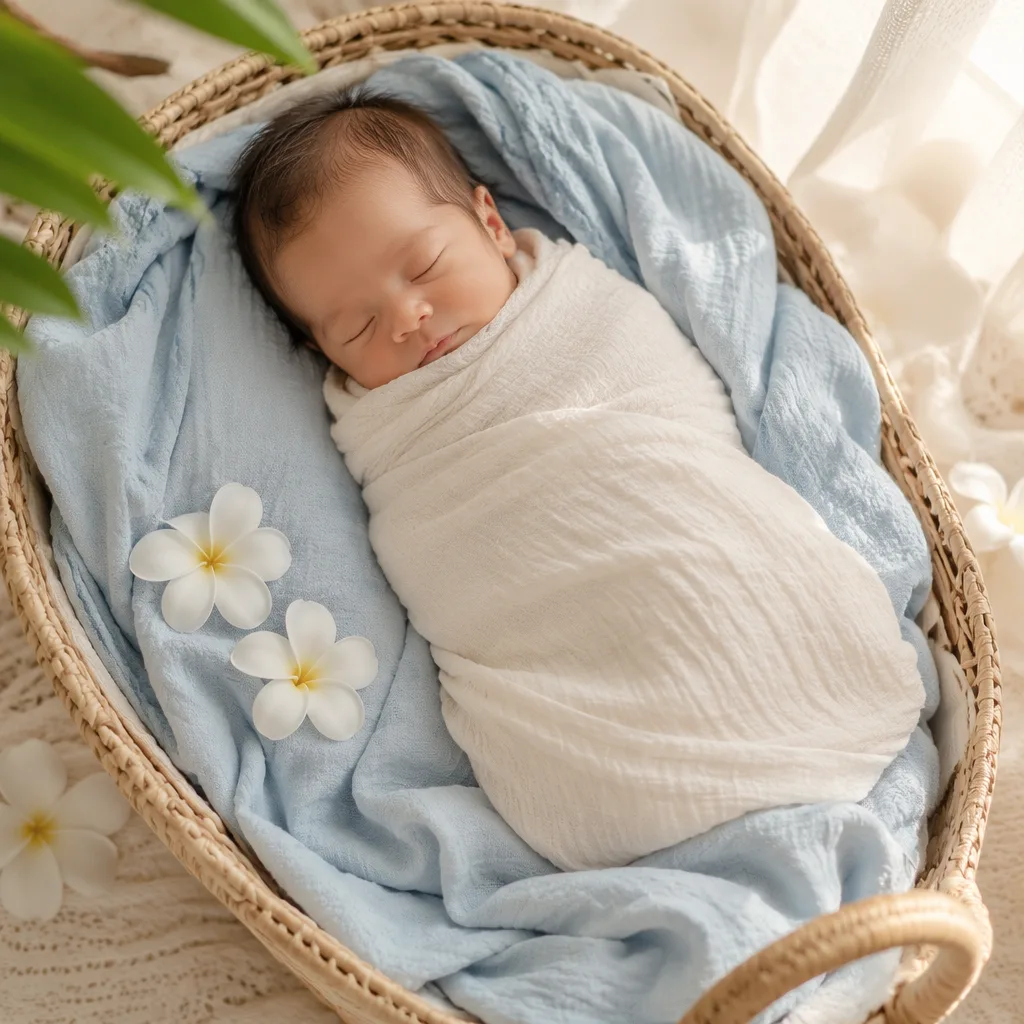 Sleeping baby in a soft Hawaiian-inspired nursery with plumeria flowers and gentle morning light.