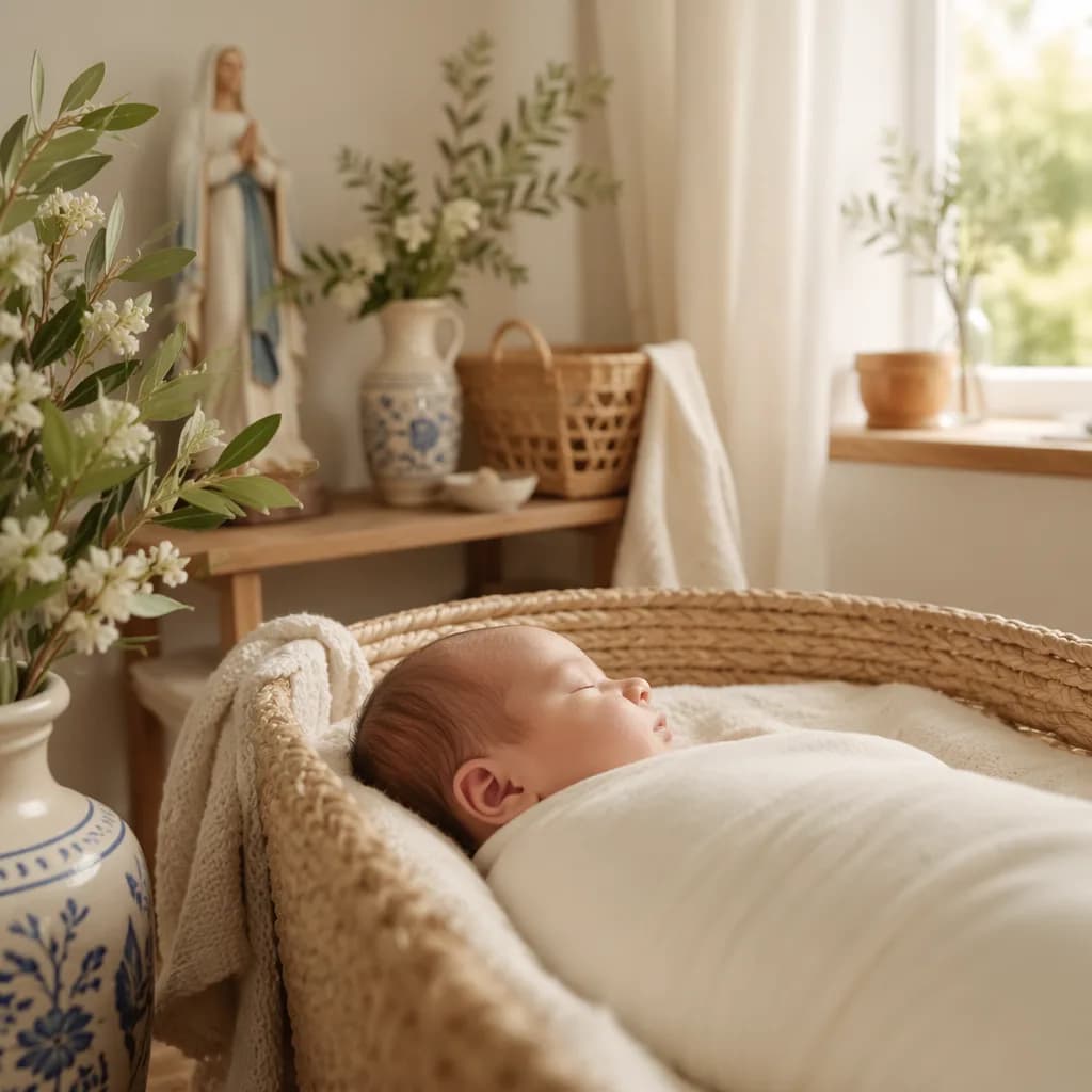 A peaceful pastel nursery with a swaddled sleeping baby and gentle Spanish-inspired floral details.