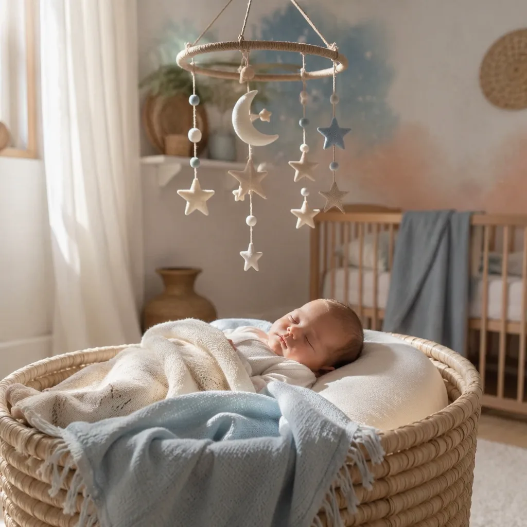 Peaceful baby in a soft pastel nursery with gentle celestial decor