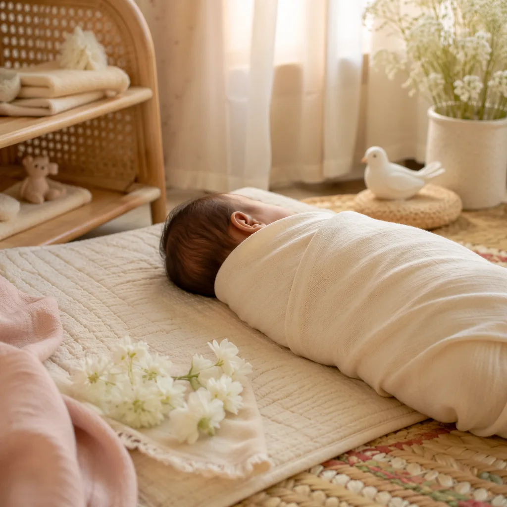 Peaceful Filipino baby sleeping in a soft pastel nursery with sampaguita flowers and gentle natural light.