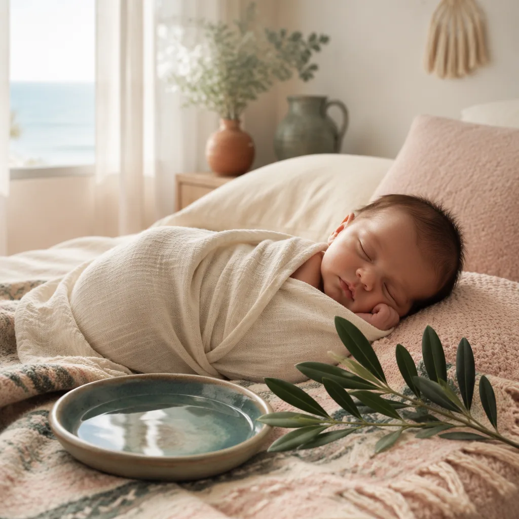 A peaceful newborn in a soft nursery with laurel and moonlit water details.