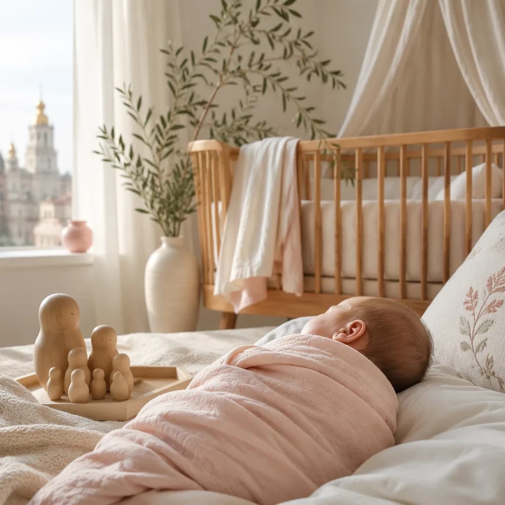 Soft pastel nursery with a swaddled baby and gentle Larisa-inspired details.