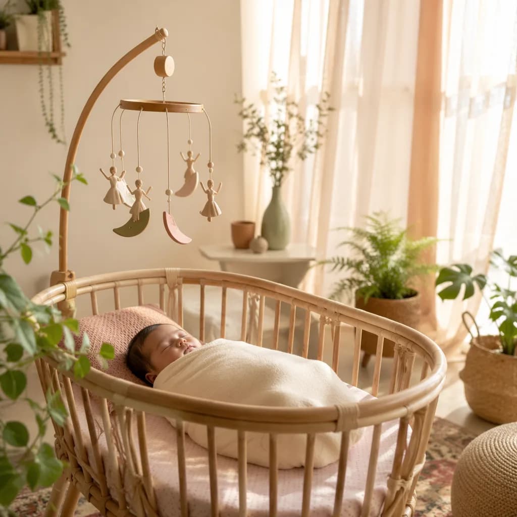 A peaceful pastel nursery with a swaddled baby, greenery, and graceful dance-inspired decor.