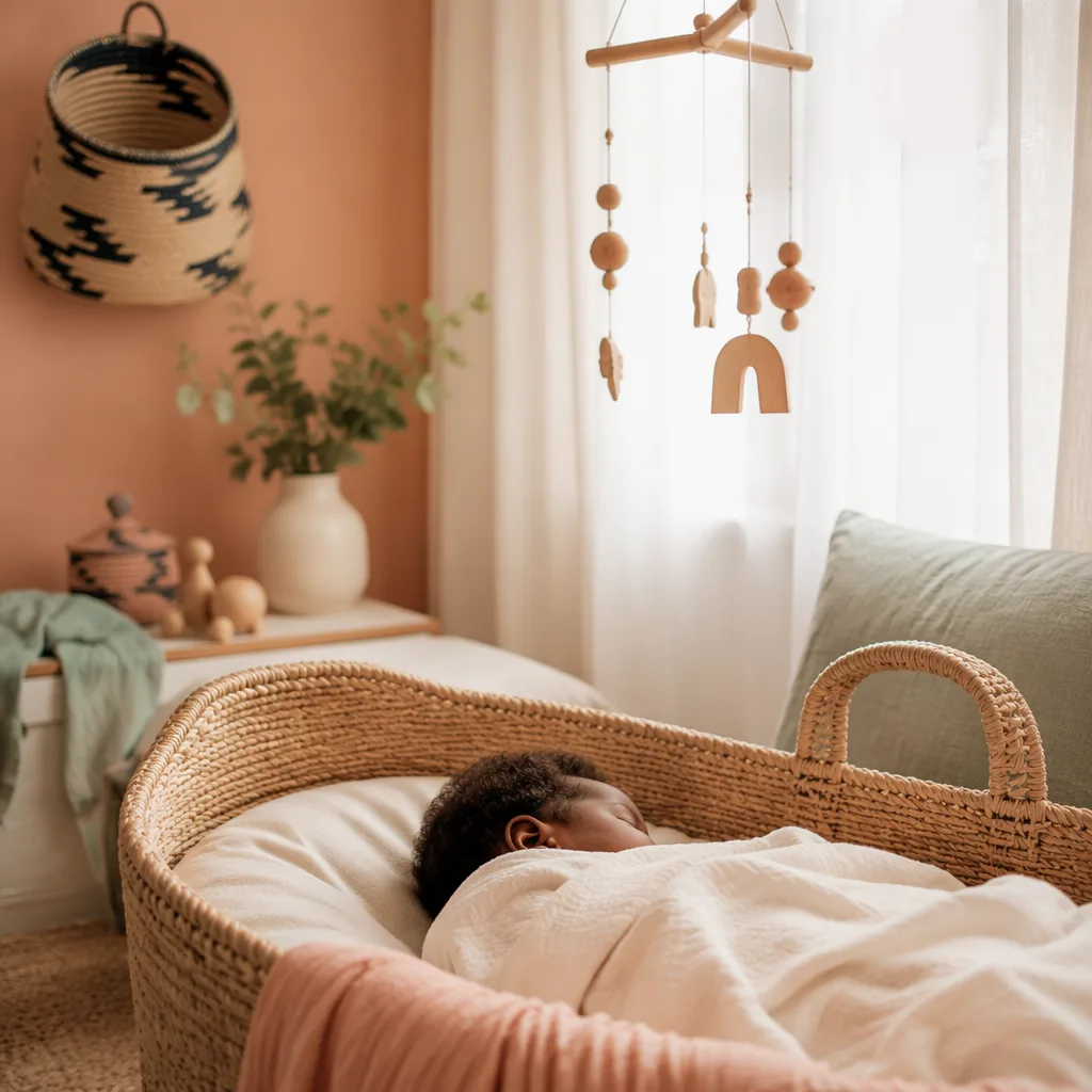 A peaceful baby sleeping in a soft pastel nursery with woven coastal-inspired details.