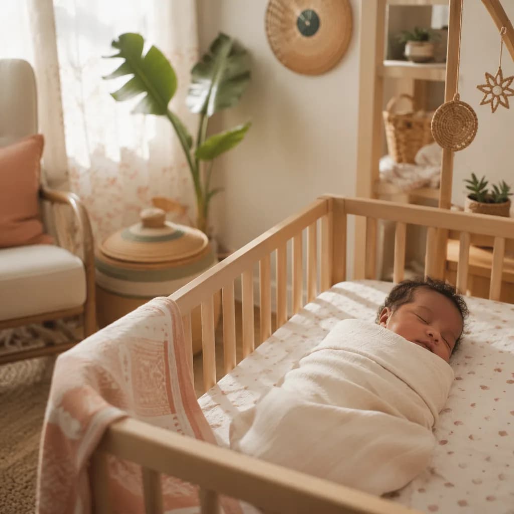 Soft pastel nursery with a swaddled sleeping baby and gentle East African-inspired decor.