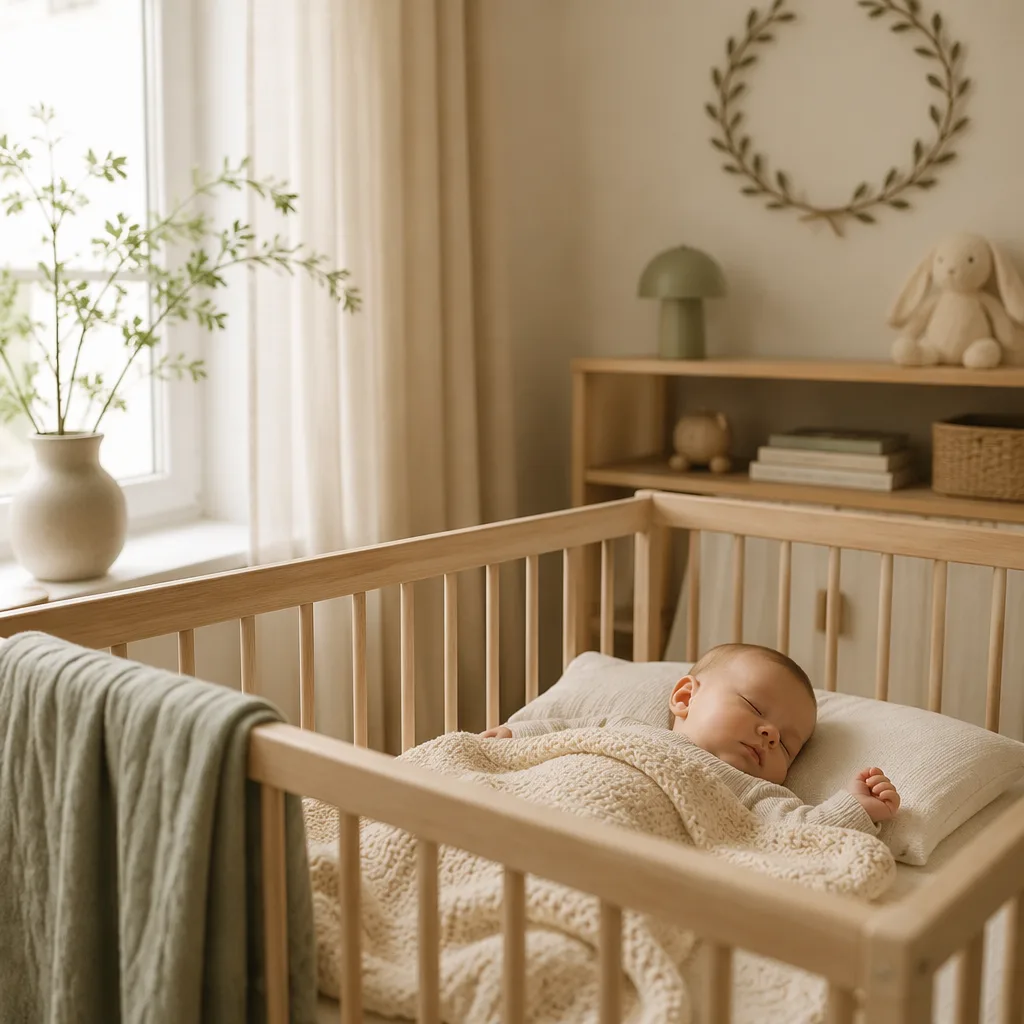 Soft Nordic nursery with a sleeping baby and subtle laurel details.