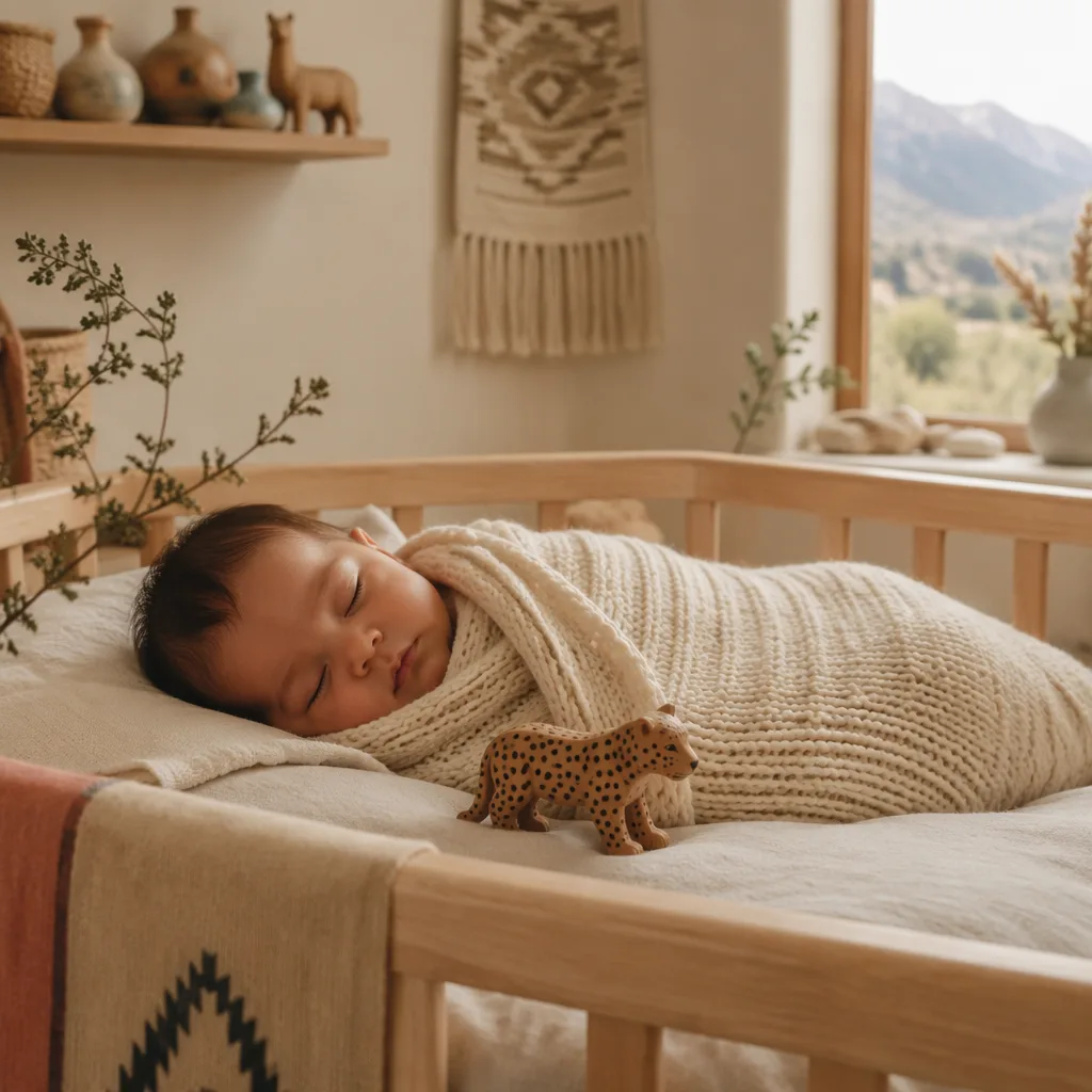 A cozy pastel nursery with a sleeping baby and a small wooden jaguar toy.
