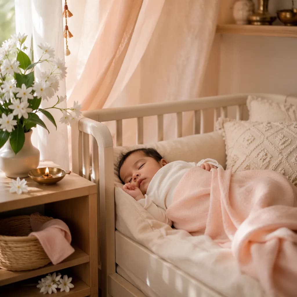 Soft pastel nursery scene with a swaddled baby and delicate jasmine accents.