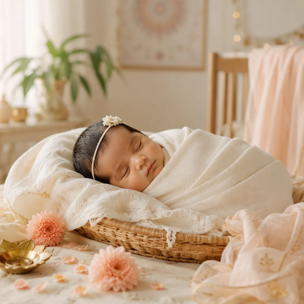 A serene newborn in a soft pastel nursery with subtle Indian-inspired decor.