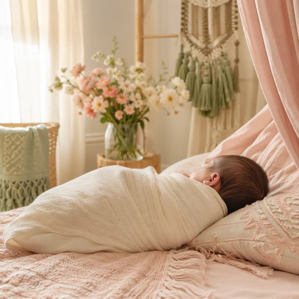 A softly lit pastel nursery with a swaddled newborn, gentle fabrics, and cheerful flowers.