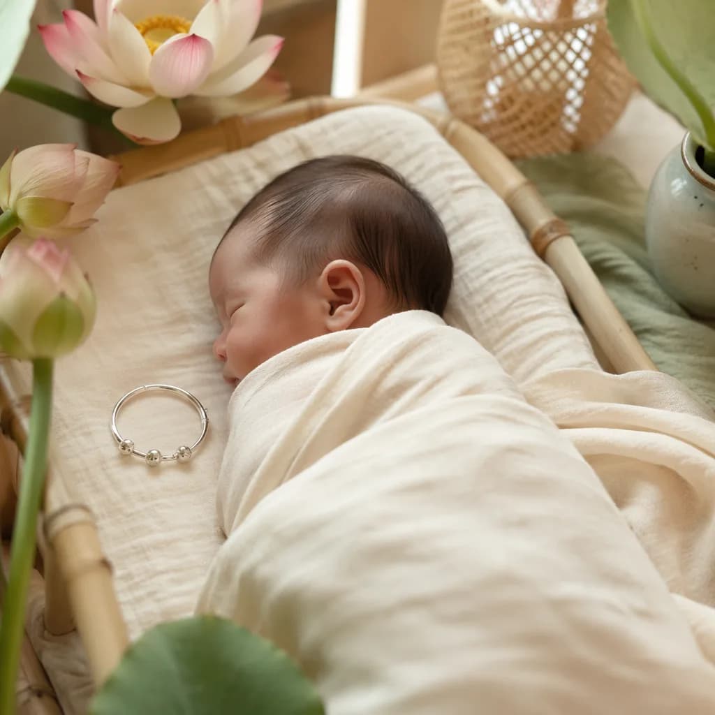 A serene Vietnamese nursery scene with a swaddled baby, lotus flowers, and subtle silver accents.