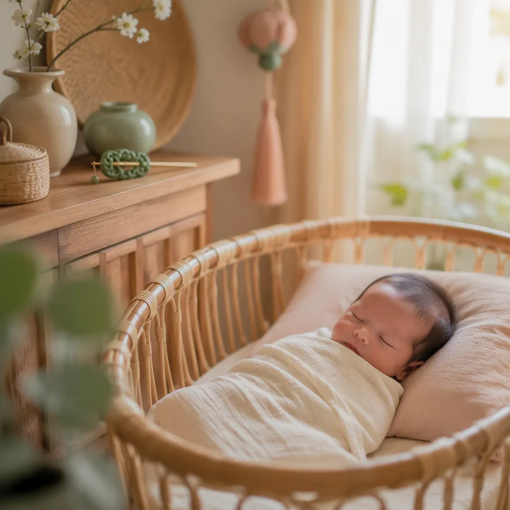 Sleeping baby in a soft pastel nursery with a jade hairpin keepsake.