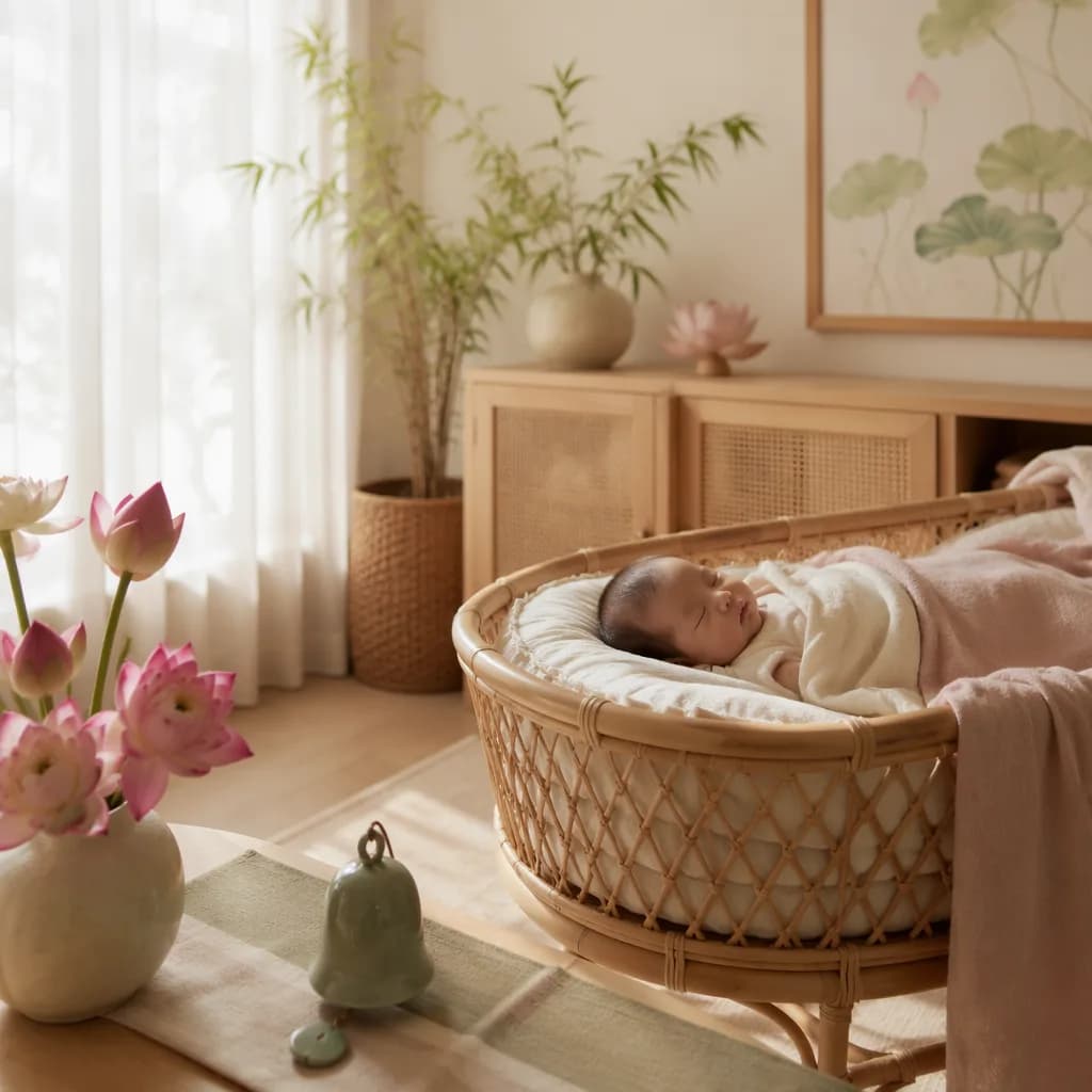 Vietnamese-inspired pastel nursery with a peaceful newborn and delicate lotus details