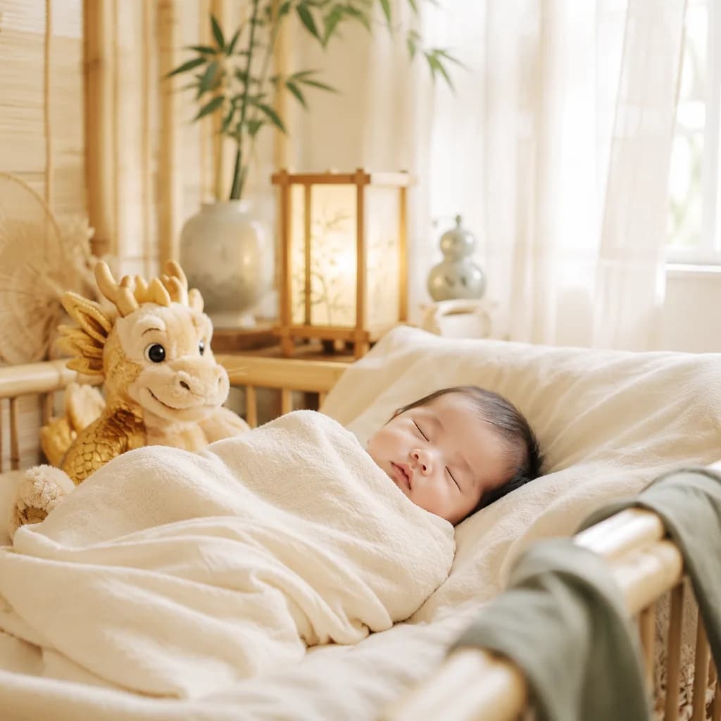 Peaceful Vietnamese nursery with a swaddled baby and a golden dragon plush.