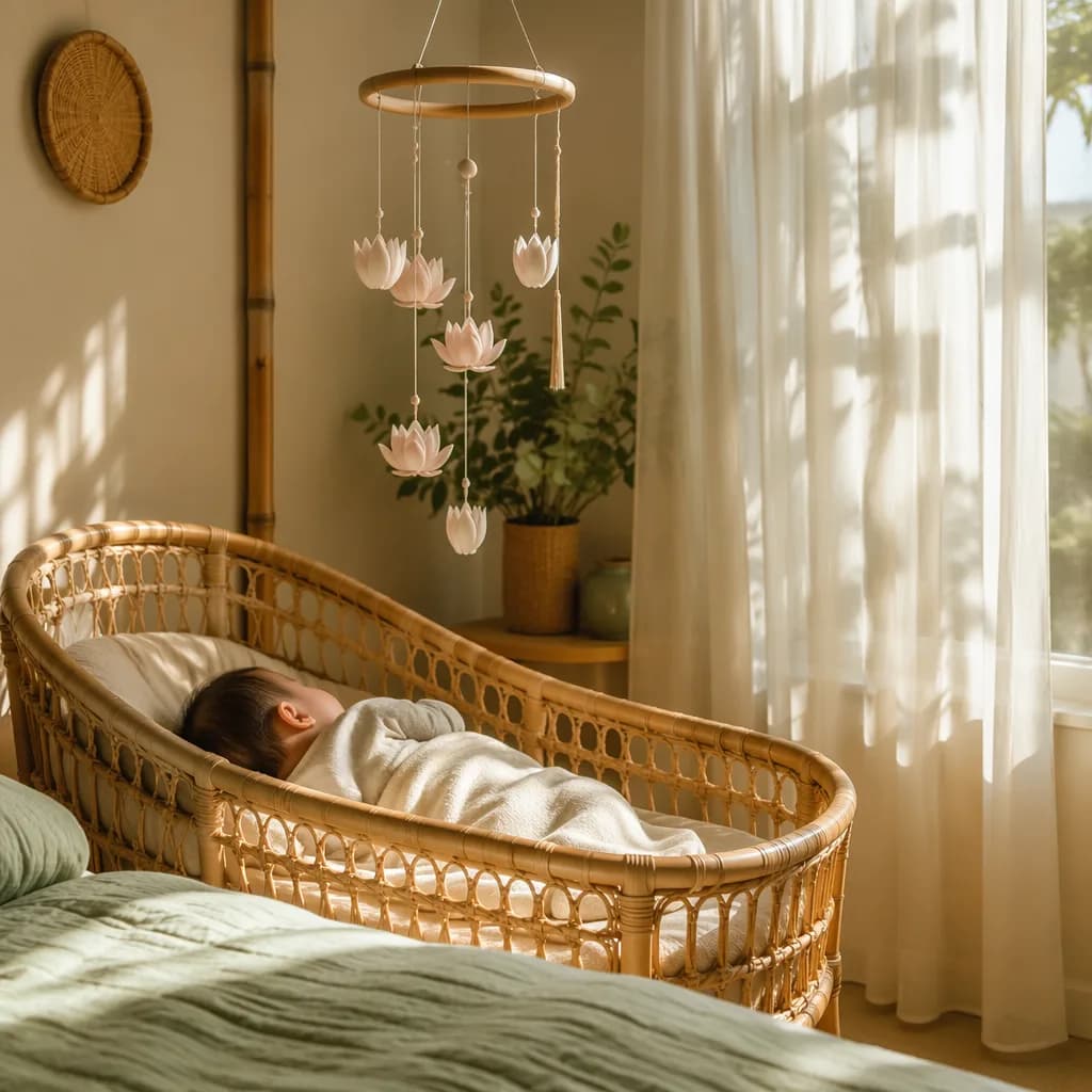 A peaceful Vietnamese baby sleeping in a sunlit pastel nursery with bamboo and lotus accents.