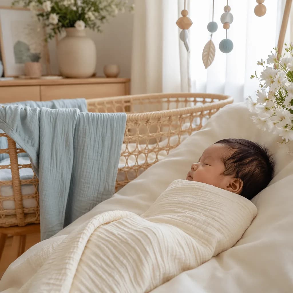 A Filipino baby sleeping in a soft pastel nursery with gentle river-inspired accents.