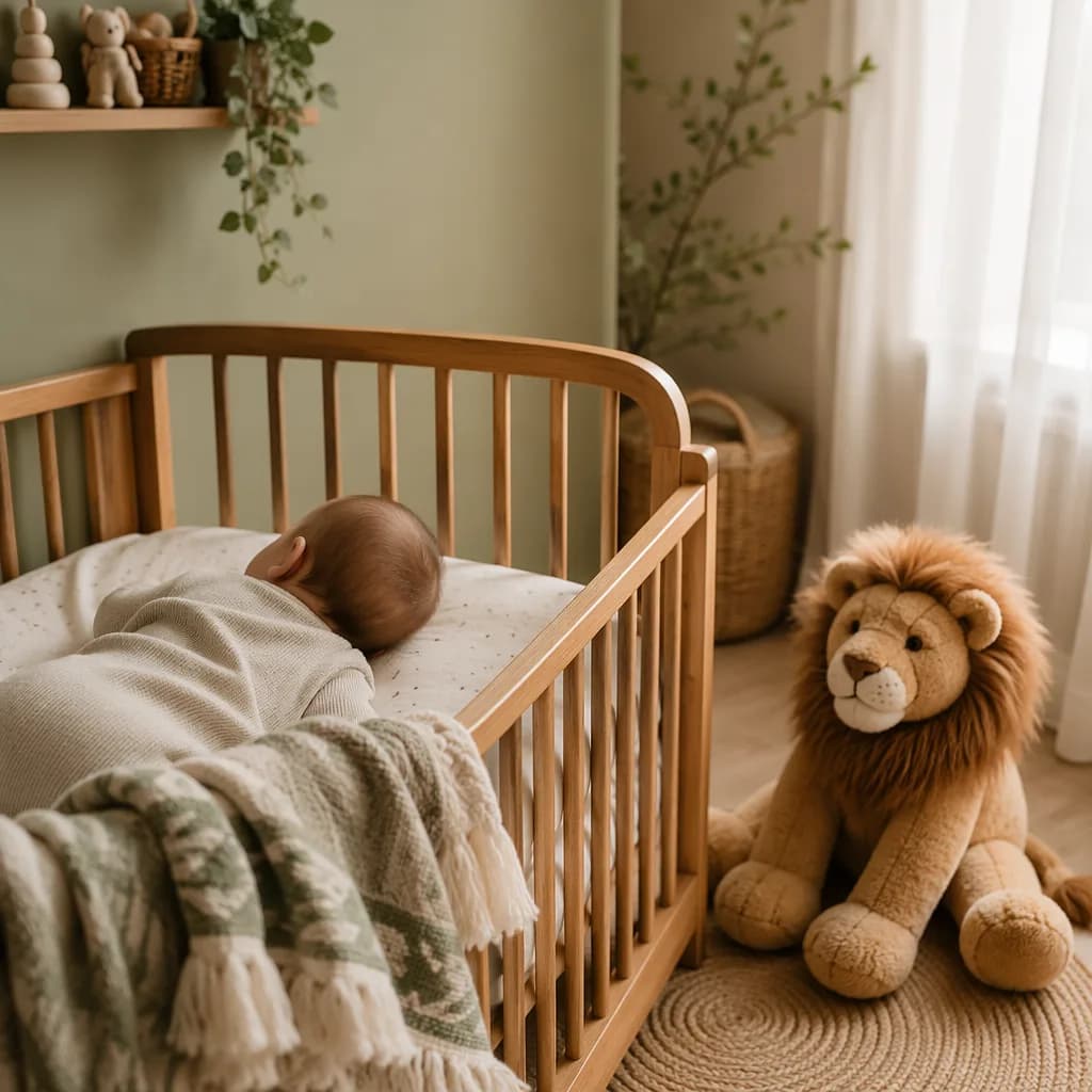 Cozy pastel nursery with a sleeping baby and plush lion in gentle natural light
