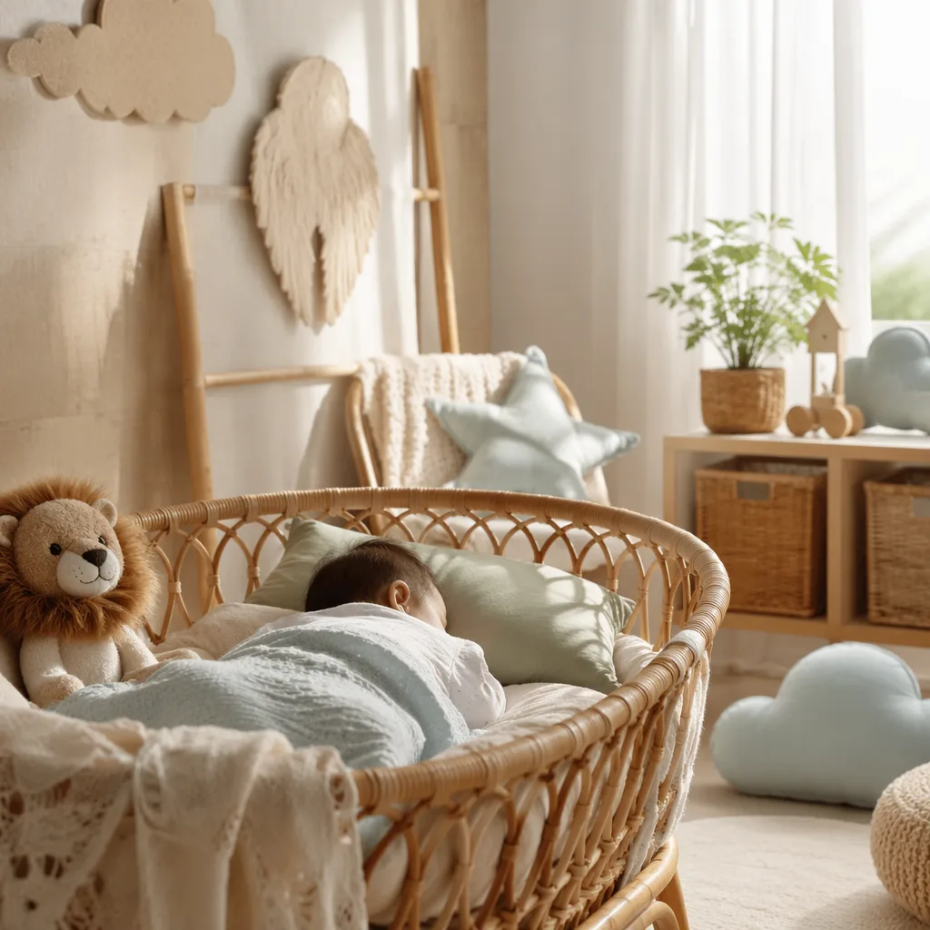 Cozy pastel nursery with a sleeping baby, plush lion, and soft natural light.