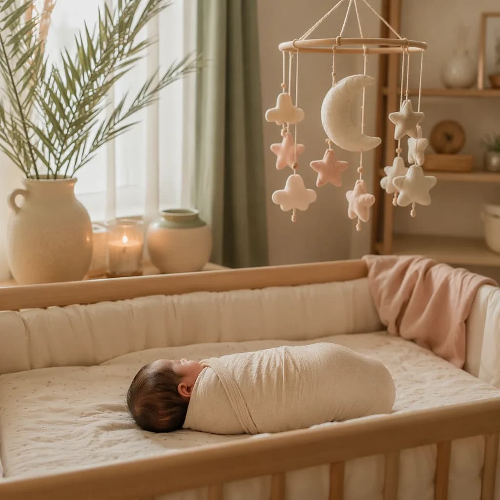 Soft pastel nursery with a swaddled newborn and crescent moon mobile.