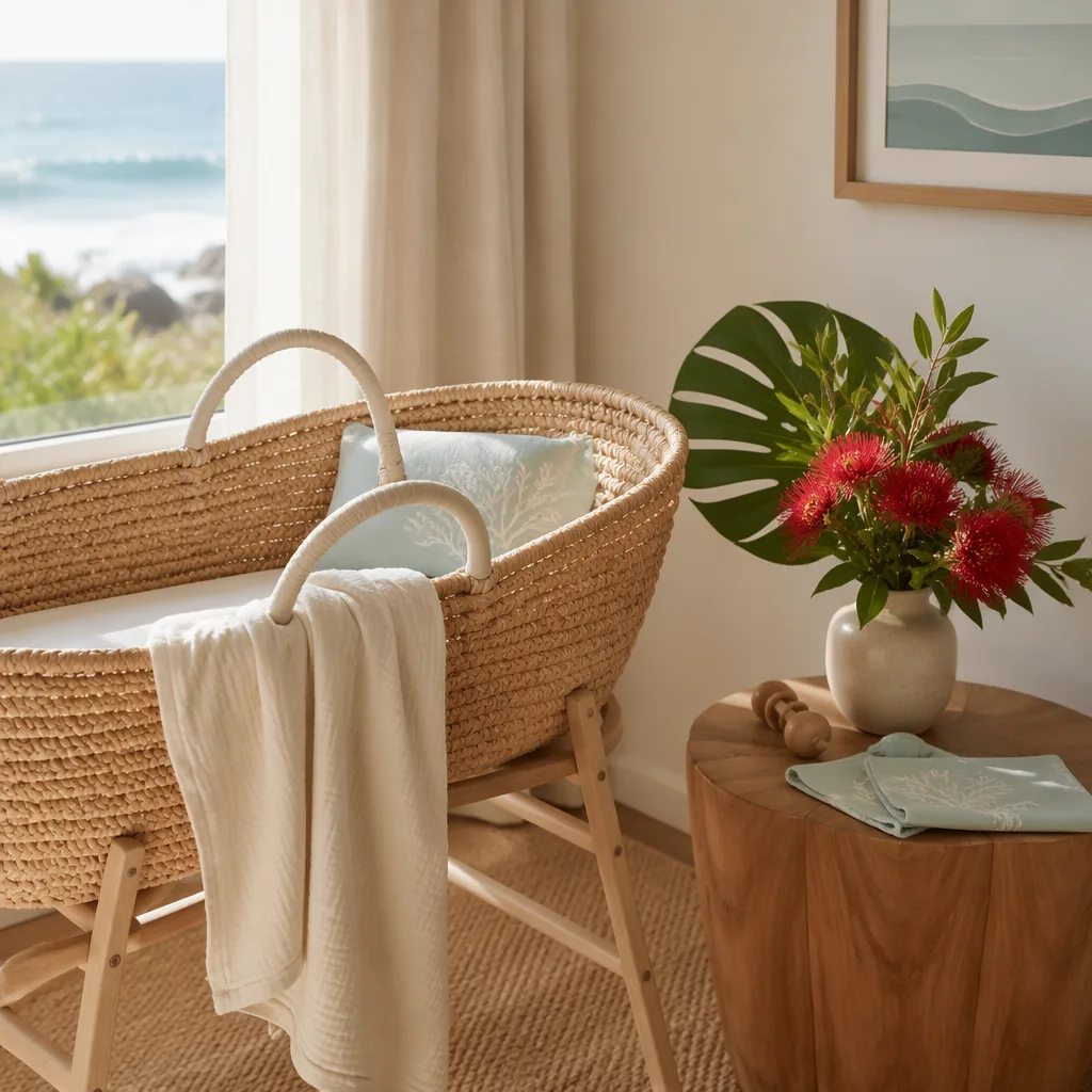 Cozy Hawaiian-inspired nursery with a bassinet, soft linens, ocean-blue accents, and red lehua flowers.