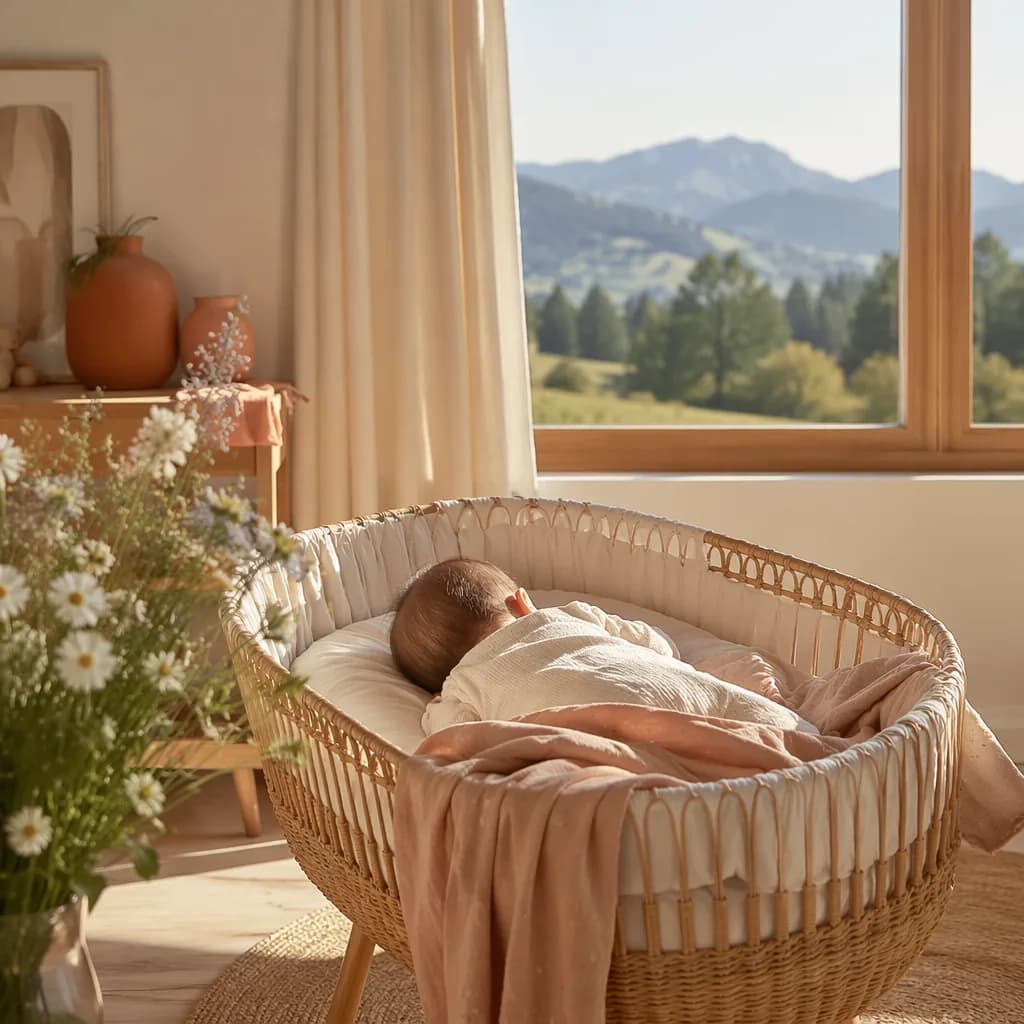 Sleeping baby in a soft pastel nursery with warm sunlight and a mountain view.