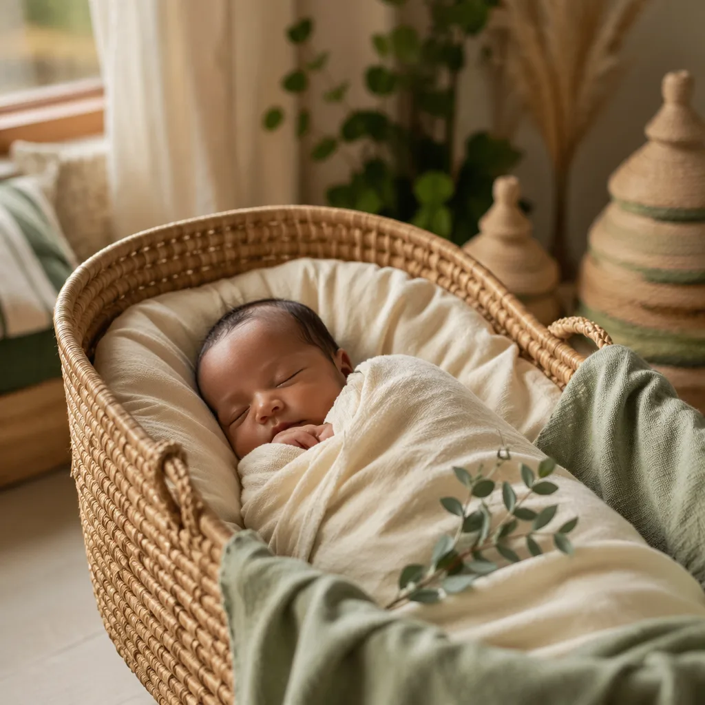 Peaceful Ethiopian newborn in a soft pastel nursery with warm natural light