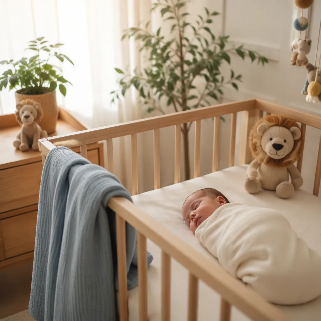 A peaceful pastel nursery with a sleeping baby, soft lion decor, and Mediterranean blue accents.