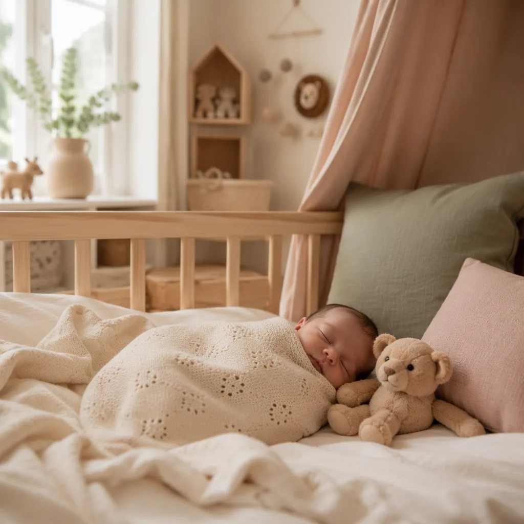 Sleeping baby in a soft pastel nursery with a plush lioness toy.