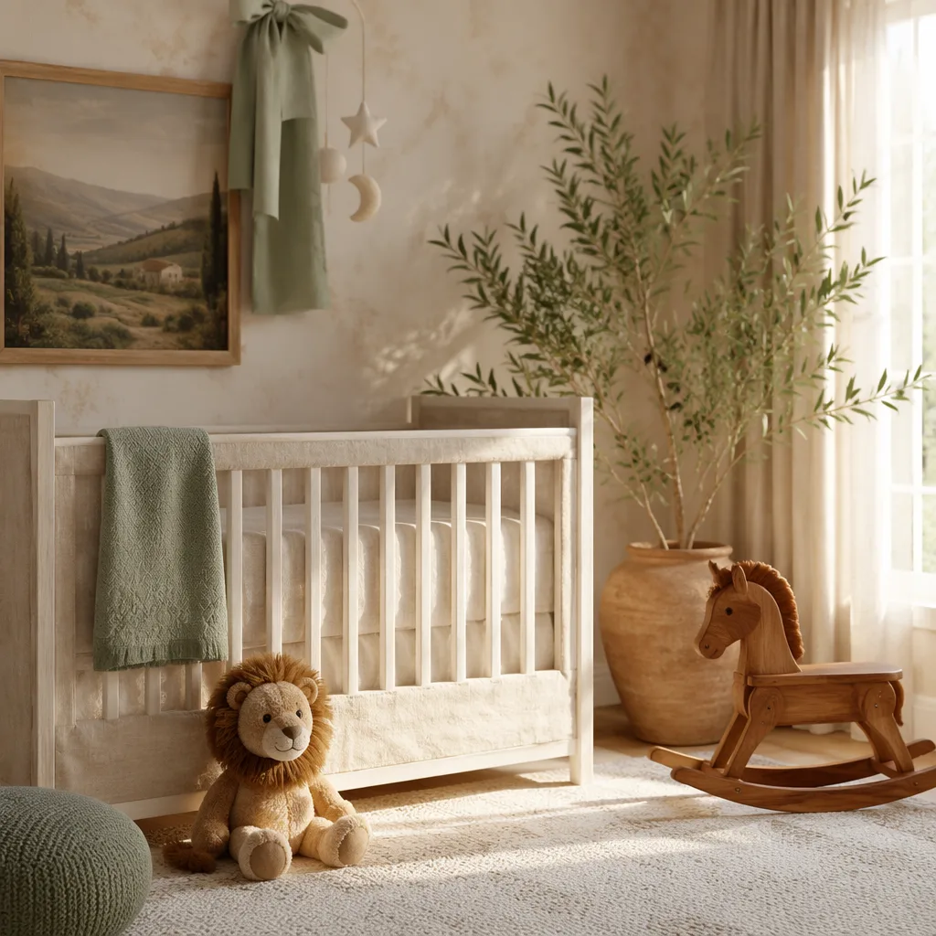 Cozy pastel nursery with a plush lion and Italian-inspired baby decor.