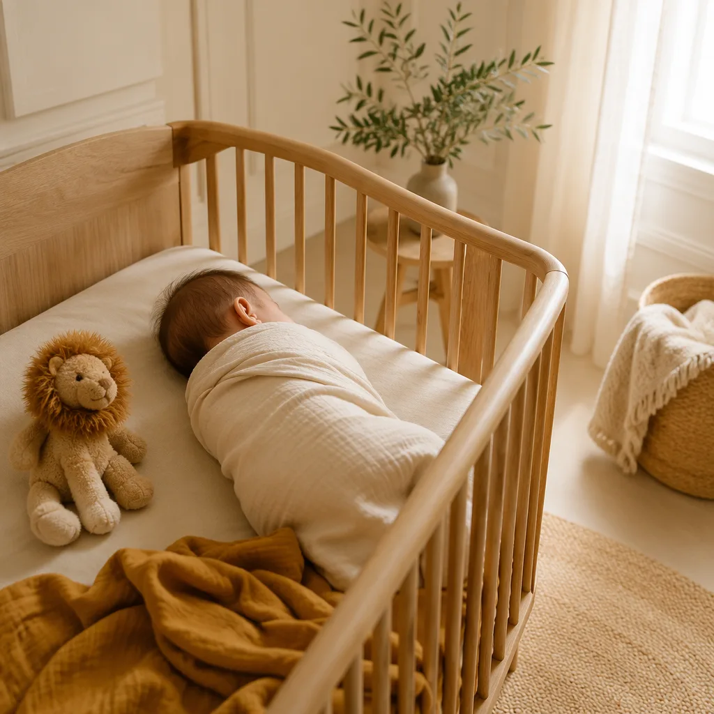 Soft Italian nursery scene with a sleeping baby, lion plush, and golden blanket accents.