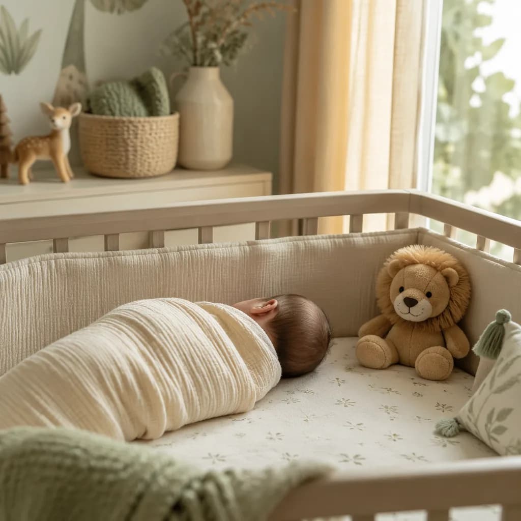 A softly lit nursery with a swaddled baby and a plush lion toy, evoking the name Leonid.