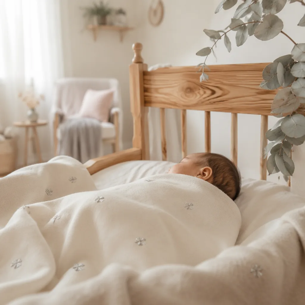 Sleeping Portuguese baby in a soft ivory nursery with silver and eucalyptus accents.