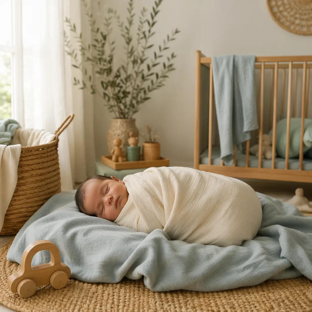 A cozy pastel nursery with a sleeping Filipino baby in warm natural light.