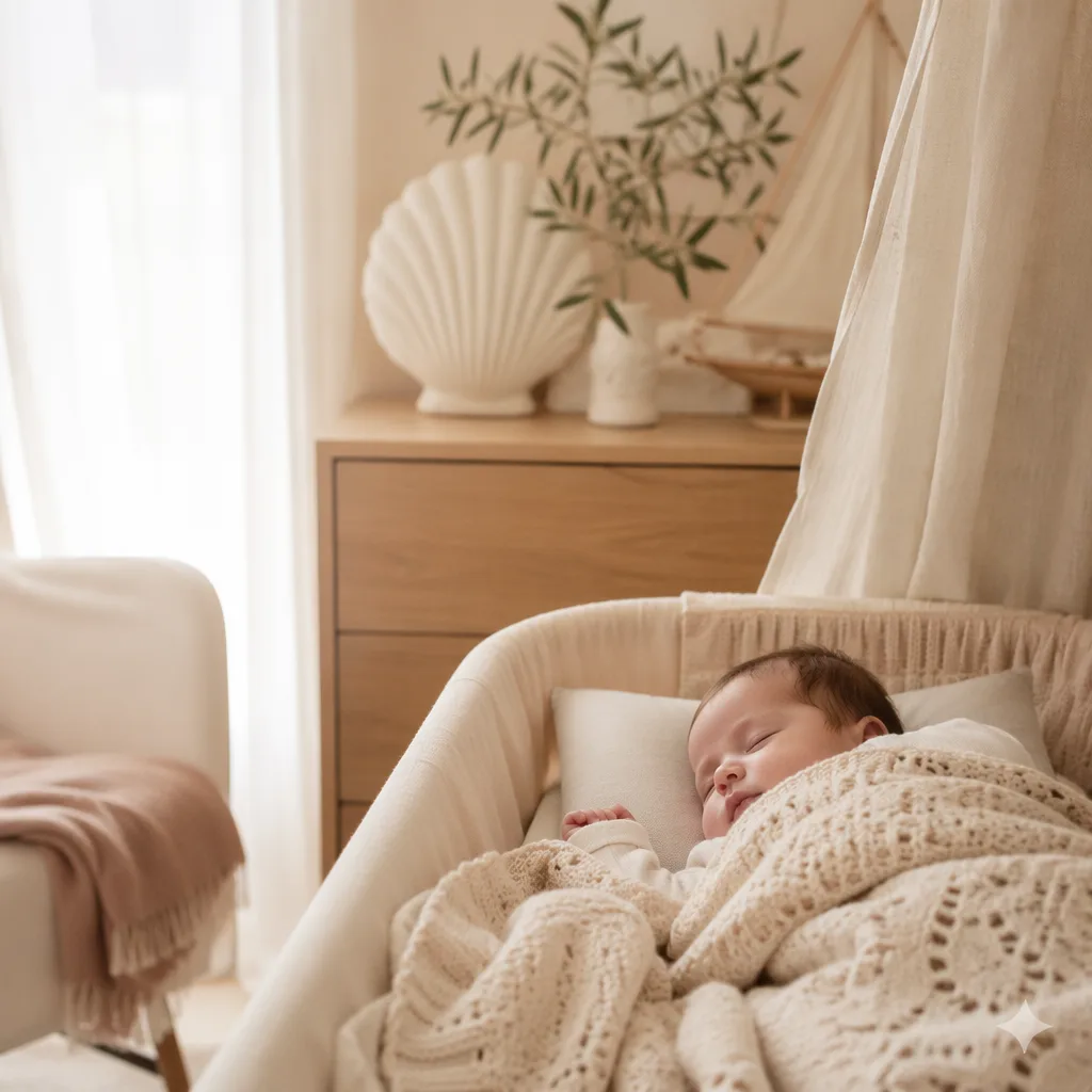 A softly lit Portuguese-inspired nursery with a sleeping baby, knit blanket, olive branch, and shell decor.