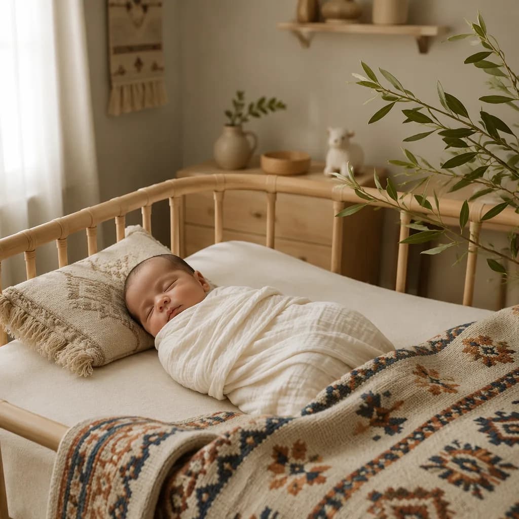 Sleeping baby in a soft pastel nursery with subtle Anatolian-inspired details.