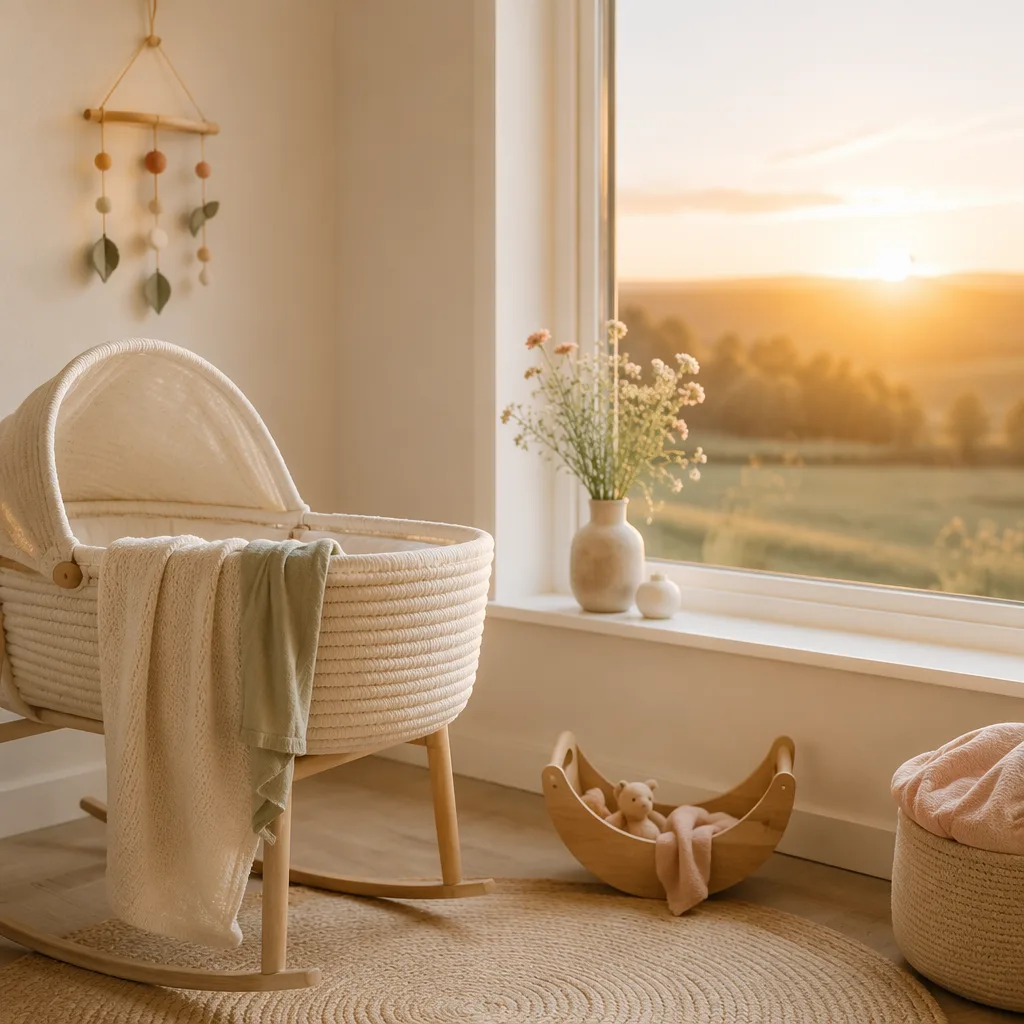 Soft sunrise nursery still-life with a bassinet, woven blanket, wooden toy, and wildflowers.