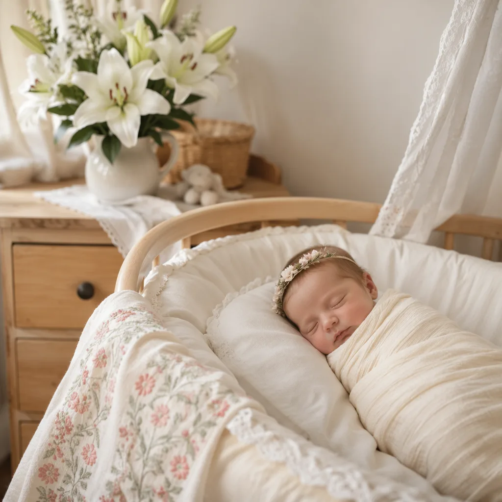 Sleeping newborn in a soft nursery with white lilies and gentle Polish-inspired accents