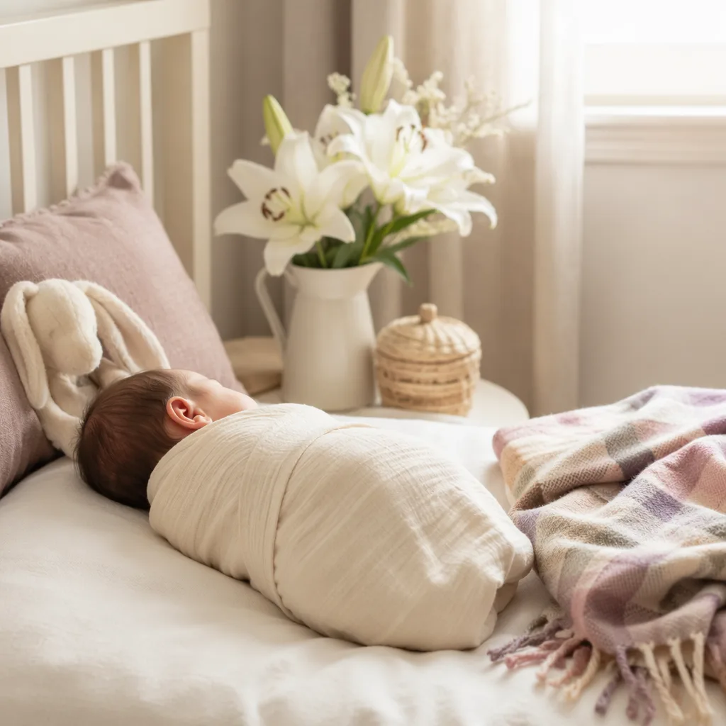 A peaceful newborn in a cozy nursery with white lilies and a soft pastel tartan blanket.
