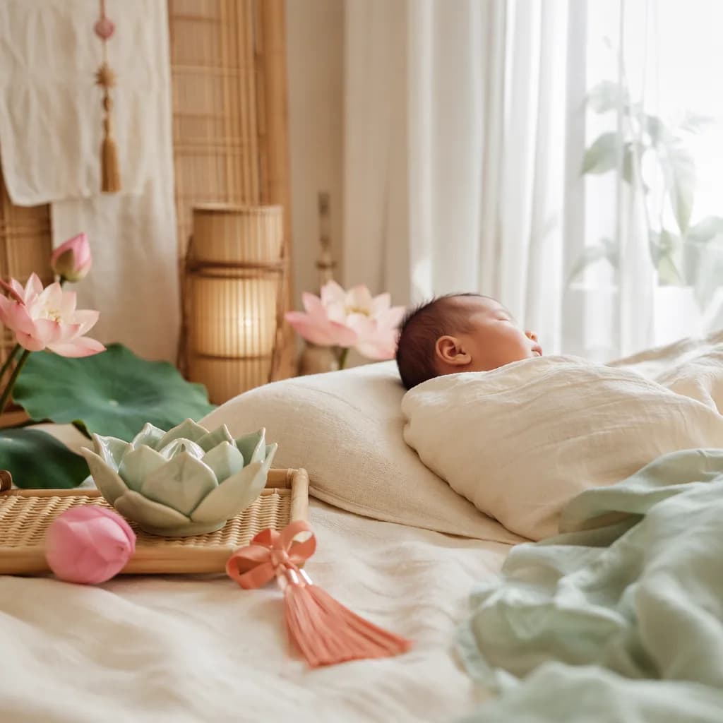 A peacefully swaddled Vietnamese newborn in a soft pastel nursery with lotus and bamboo accents.