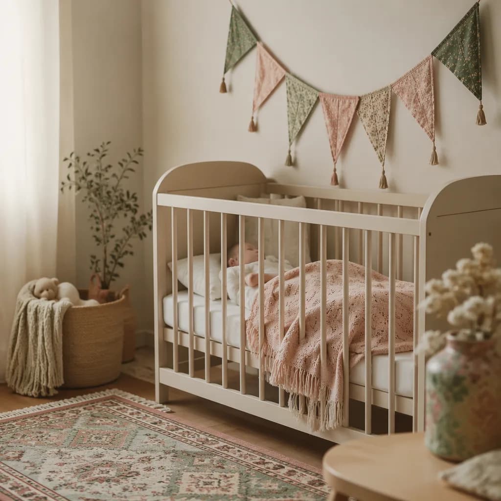 A peaceful pastel nursery with a sleeping baby and soft fabric pennants in warm natural light.